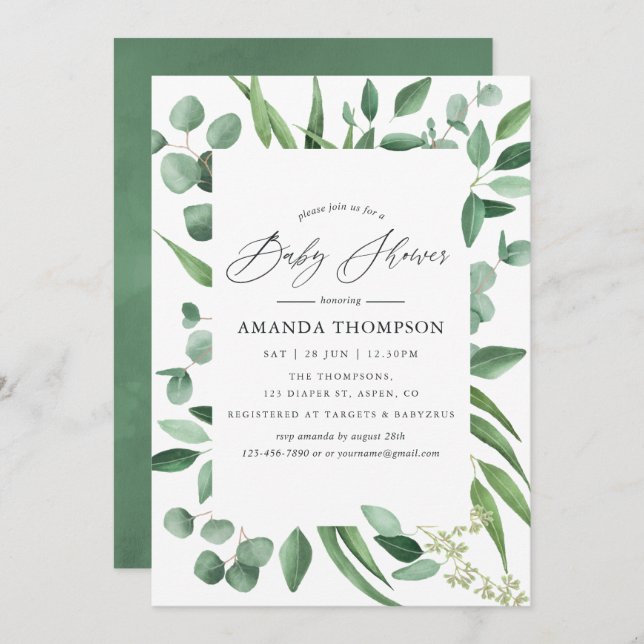 Invitation Aquarelle Eucalyptus Baby shower vert (Devant / Derrière)