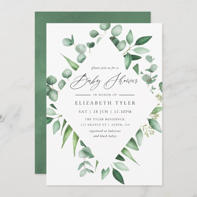 Invitation Aquarelle Eucalyptus Baby shower vert (Devant / Derrière)