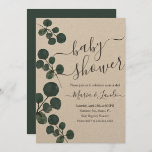 Invitation Aquarelle Eucalyptus Baby shower vert Kraft