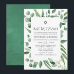 Invitation Aquarelle Eucalyptus Bat mitzvah de verdure<br><div class="desc">Invitation de bat mitzvah argent vert feuille avec cadre géométrique et typographie manuscrite conçue pour être rapidement et facilement customisée aux détails de votre événement.</div>