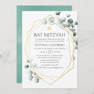 Invitation Aquarelle Eucalyptus Bat mitzvah géométrique