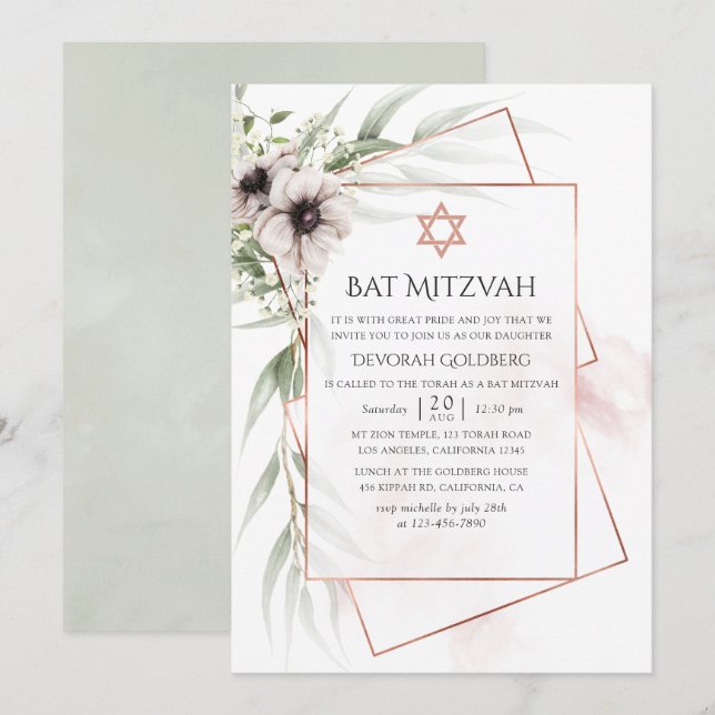 Invitation Aquarelle Eucalyptus Bat mitzvah géométrique (Devant / Derrière)