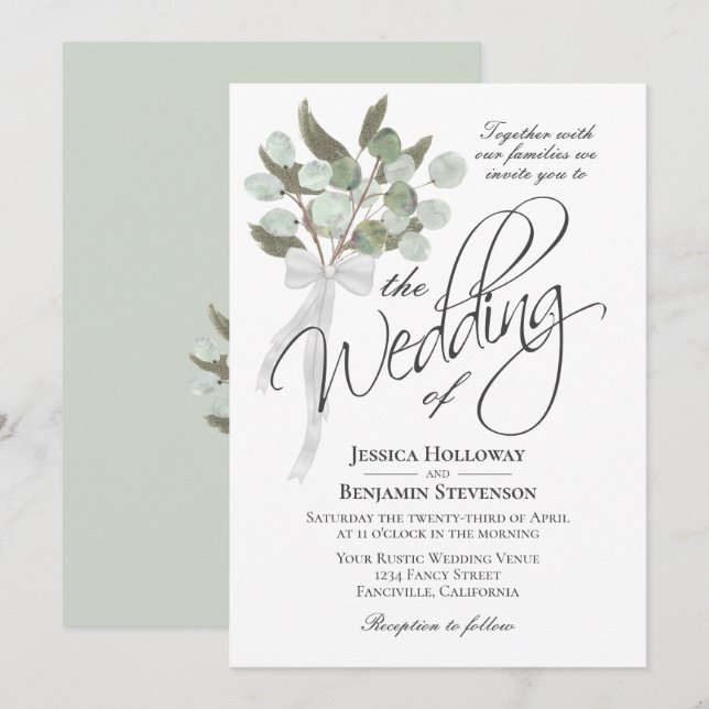 Invitation Aquarelle Eucalyptus Bouquet Rustique Boho Mariage (Devant / Derrière)