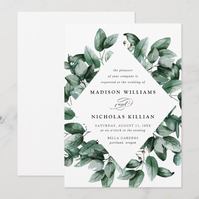 Invitation Aquarelle Eucalyptus | Cadre Mariage (Devant / Derrière)