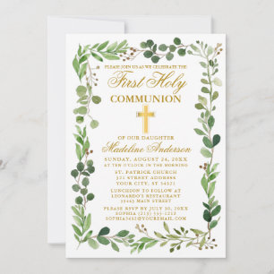 Invitation Aquarelle Eucalyptus Cadre Première Communion Or