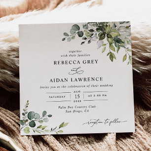 Invitation Aquarelle Eucalyptus Carré Mariage vert