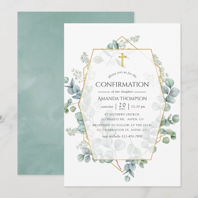 Invitation Aquarelle Eucalyptus Confirmation géométrique (Devant / Derrière)