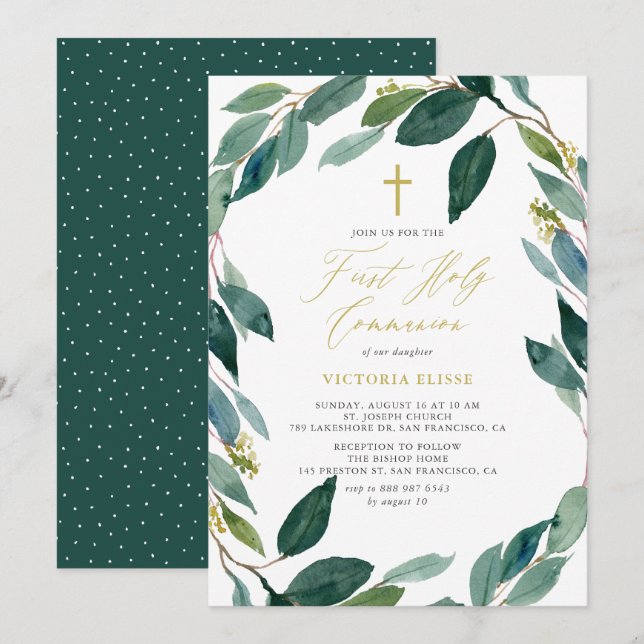 Invitation Aquarelle Eucalyptus couronne première sainte comm (Devant / Derrière)