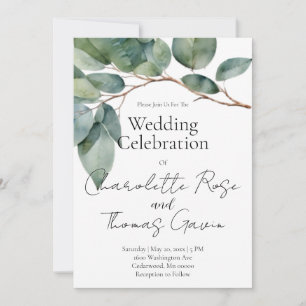 Invitation Aquarelle eucalyptus doux vert turquoise Mariage