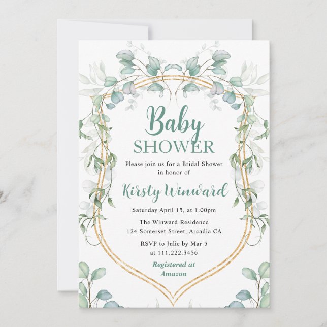 Invitation Aquarelle Eucalyptus et Baby shower de cadre or (Devant)