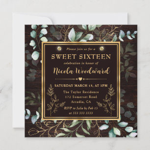 Invitation Aquarelle Eucalyptus et cadre doré Sweet 16
