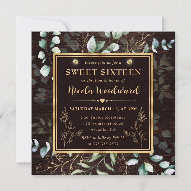Invitation Aquarelle Eucalyptus et cadre or Sweet 16 (Devant)