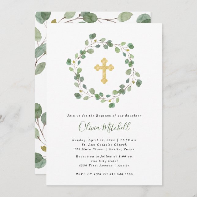 Invitation Aquarelle Eucalyptus et Gold Cross| Baptême (Devant / Derrière)