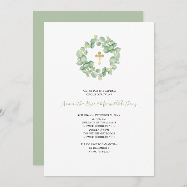 Invitation Aquarelle Eucalyptus et Gold Cross Baptism (Devant / Derrière)