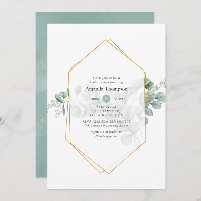 Invitation Aquarelle Eucalyptus Fête des mariées géométrique (Devant / Derrière)
