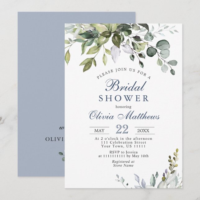 Invitation Aquarelle Eucalyptus Fête des mariées verte (Devant / Derrière)