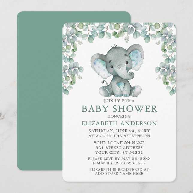 Invitation Aquarelle Eucalyptus Feuille Baby shower éléphant (Devant / Derrière)