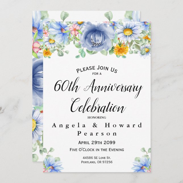 Invitation Aquarelle Eucalyptus Floral 60e anniversaire (Devant / Derrière)