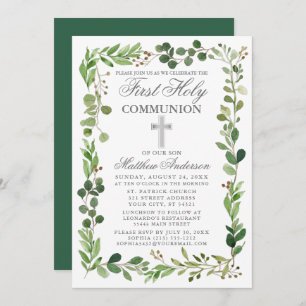 Invitation Aquarelle Eucalyptus Frame Argent Première communi