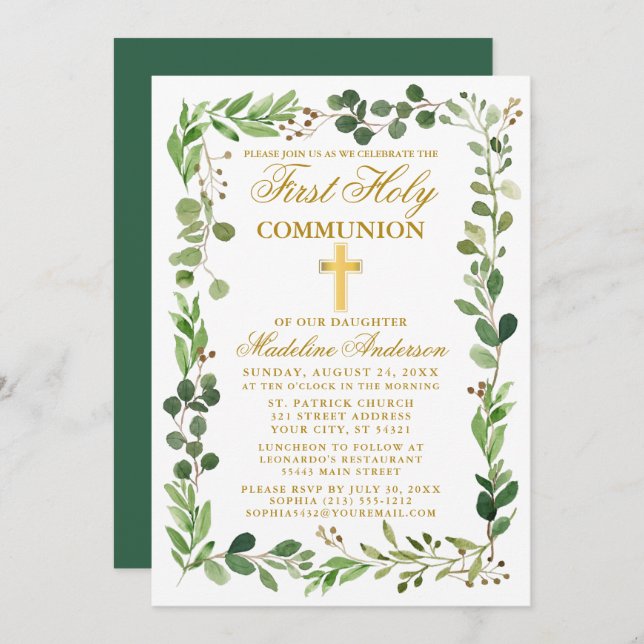 Invitation Aquarelle Eucalyptus Frame Gold Première communion (Devant / Derrière)