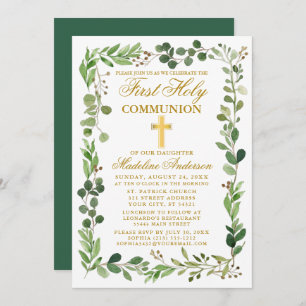 Invitation Aquarelle Eucalyptus Frame Gold Première communion