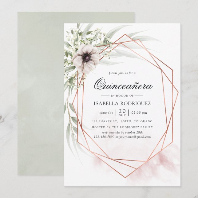 Invitation Aquarelle Eucalyptus Géométrique Quinceañera (Devant / Derrière)