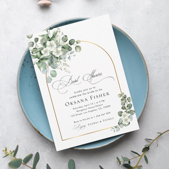 Invitation Aquarelle Eucalyptus Gold Arch Fête des mariées ch (Créateur téléchargé)