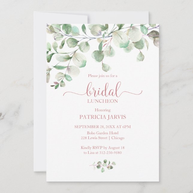 Invitation Aquarelle Eucalyptus Green Bridal Luncheon (Devant)