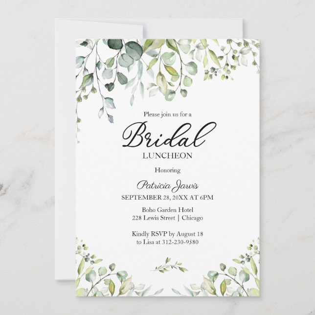 Invitation Aquarelle Eucalyptus Green Bridal Luncheon (Devant)