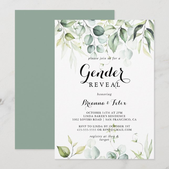 Invitation Aquarelle Eucalyptus Green Genre Reveval Party (Devant / Derrière)