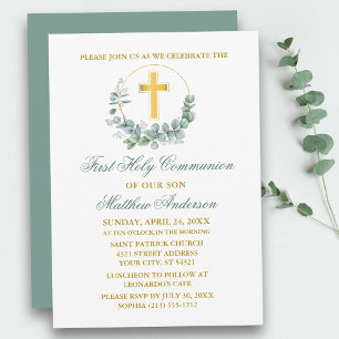 Invitation Aquarelle Eucalyptus Green Gold Première communion