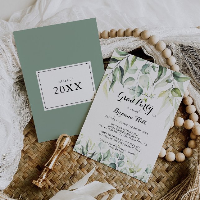 Invitation Aquarelle Eucalyptus Green Party Grad (Créateur téléchargé)