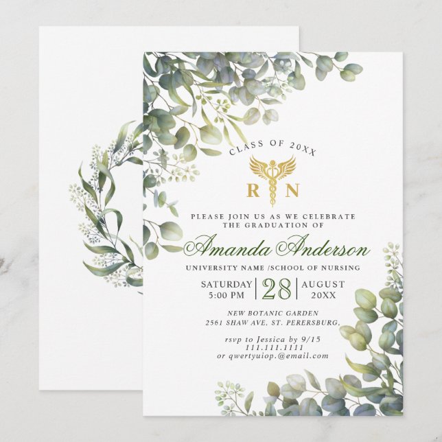 Invitation Aquarelle Eucalyptus Infirmière Diplôme de l'école (Devant / Derrière)