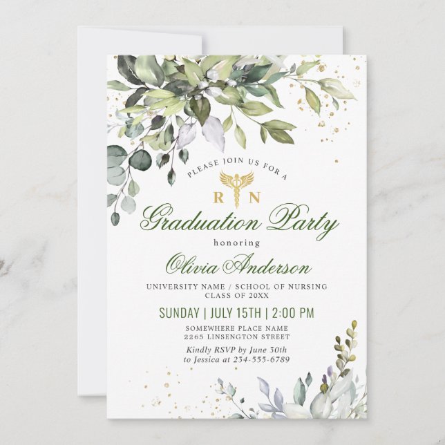 Invitation Aquarelle Eucalyptus Infirmière Diplôme de l'école (Devant)