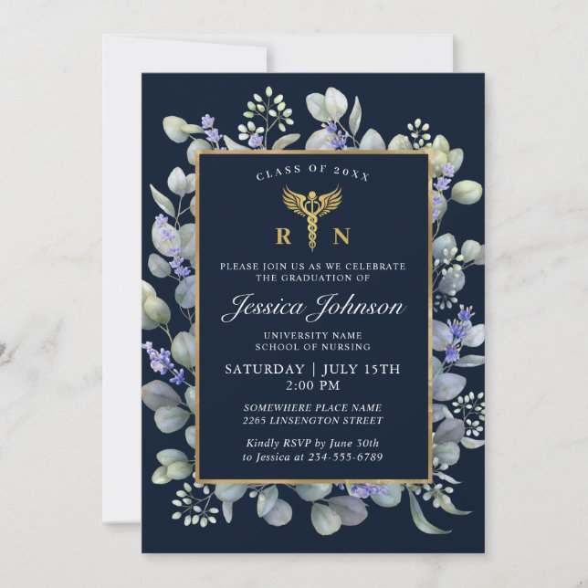 Invitation Aquarelle Eucalyptus Lavender Infirmière Graduatio (Devant)