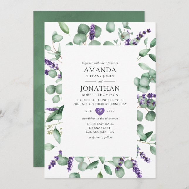 Invitation Aquarelle Eucalyptus Lavender Mariage de verdure (Devant / Derrière)