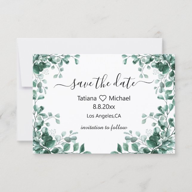 Invitation aquarelle eucalyptus mariage à retenir la date (Devant)