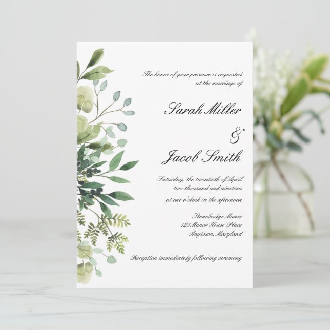 Invitation Aquarelle Eucalyptus & Mariage botanique vert (Debout devant)