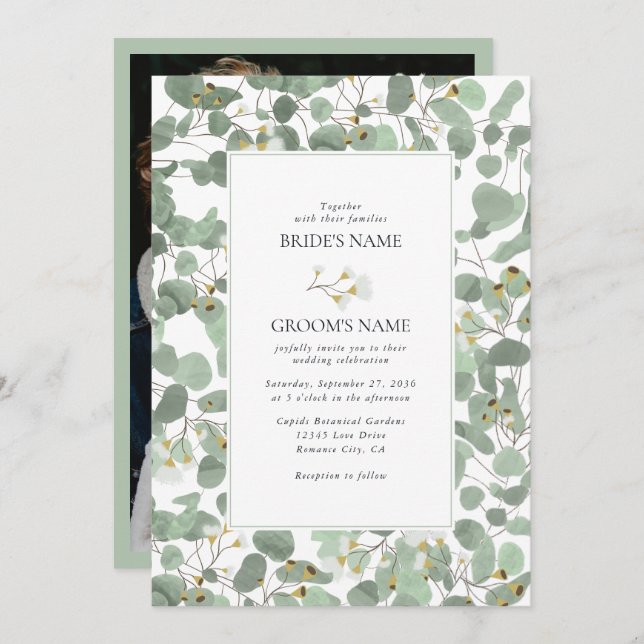 Invitation Aquarelle Eucalyptus Mariage de fleurs vertes (Devant / Derrière)