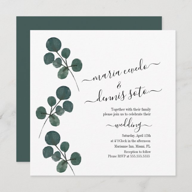 Invitation Aquarelle Eucalyptus Mariage de script vert (Devant / Derrière)