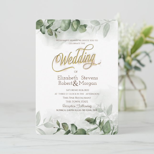 Invitation Aquarelle Eucalyptus Mariage de verdure (Debout devant)
