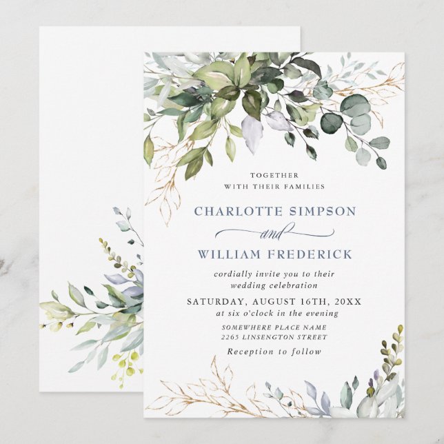 Invitation Aquarelle Eucalyptus Mariage de verdure (Devant / Derrière)