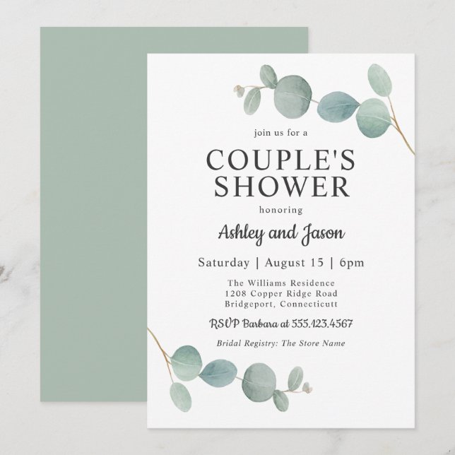 Invitation Aquarelle Eucalyptus Mariage Douche Couple (Devant / Derrière)