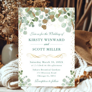 Invitation Aquarelle Eucalyptus Mariage Paillettes d'Or
