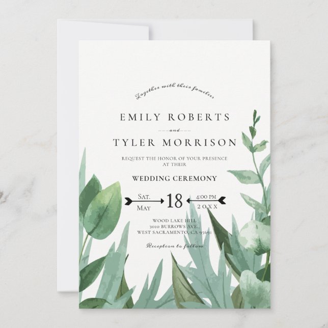 Invitation Aquarelle Eucalyptus Mariage vert verdoyant (Devant)
