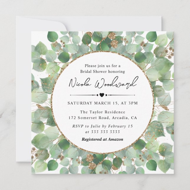 Invitation Aquarelle Eucalyptus or parties scintillant Fête d (Devant)