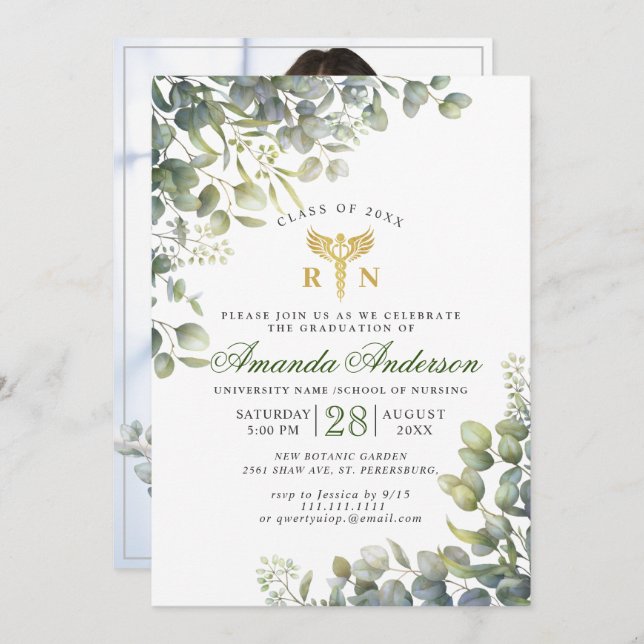 Invitation Aquarelle Eucalyptus PHOTO Diplôme en soins infirm (Devant / Derrière)