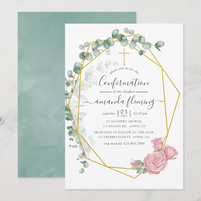 Invitation Aquarelle Eucalyptus Rose Géométrique Confirmation (Devant / Derrière)