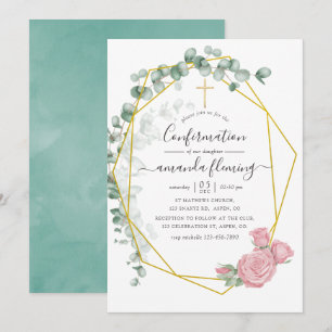 Invitation Aquarelle Eucalyptus Rose Géométrique Confirmation