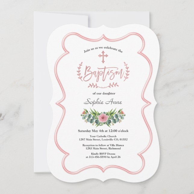 Invitation Aquarelle Eucalyptus Rose Gold Cross Baptême (Devant)